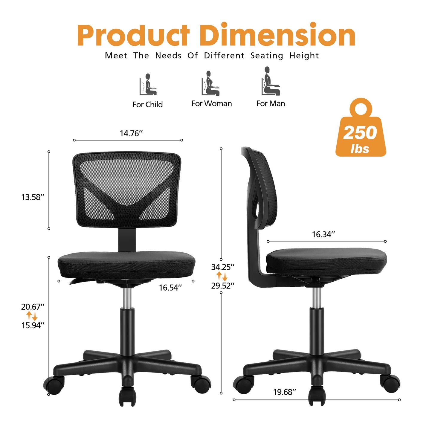 Armless Office Chair Low Back with Wheels