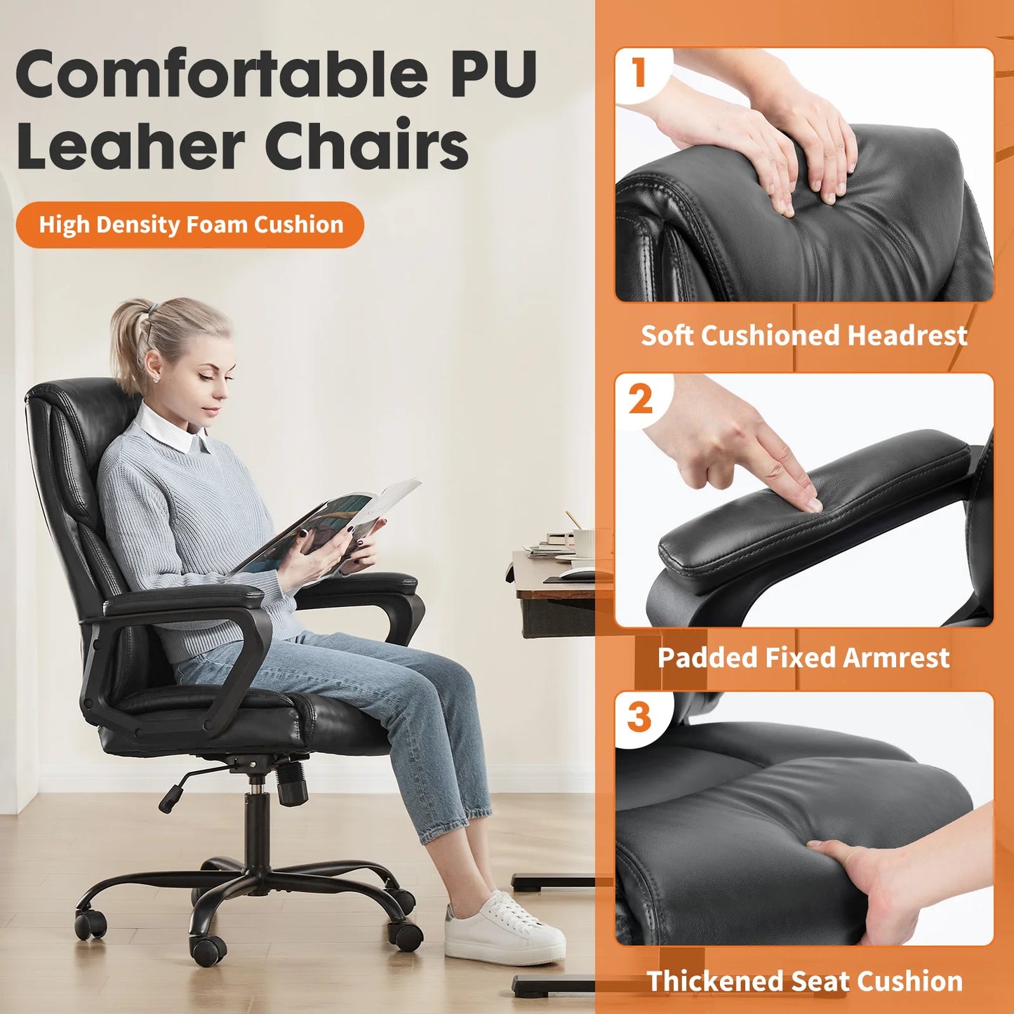Ergonomic PU Leather Chair with Padded Armrest