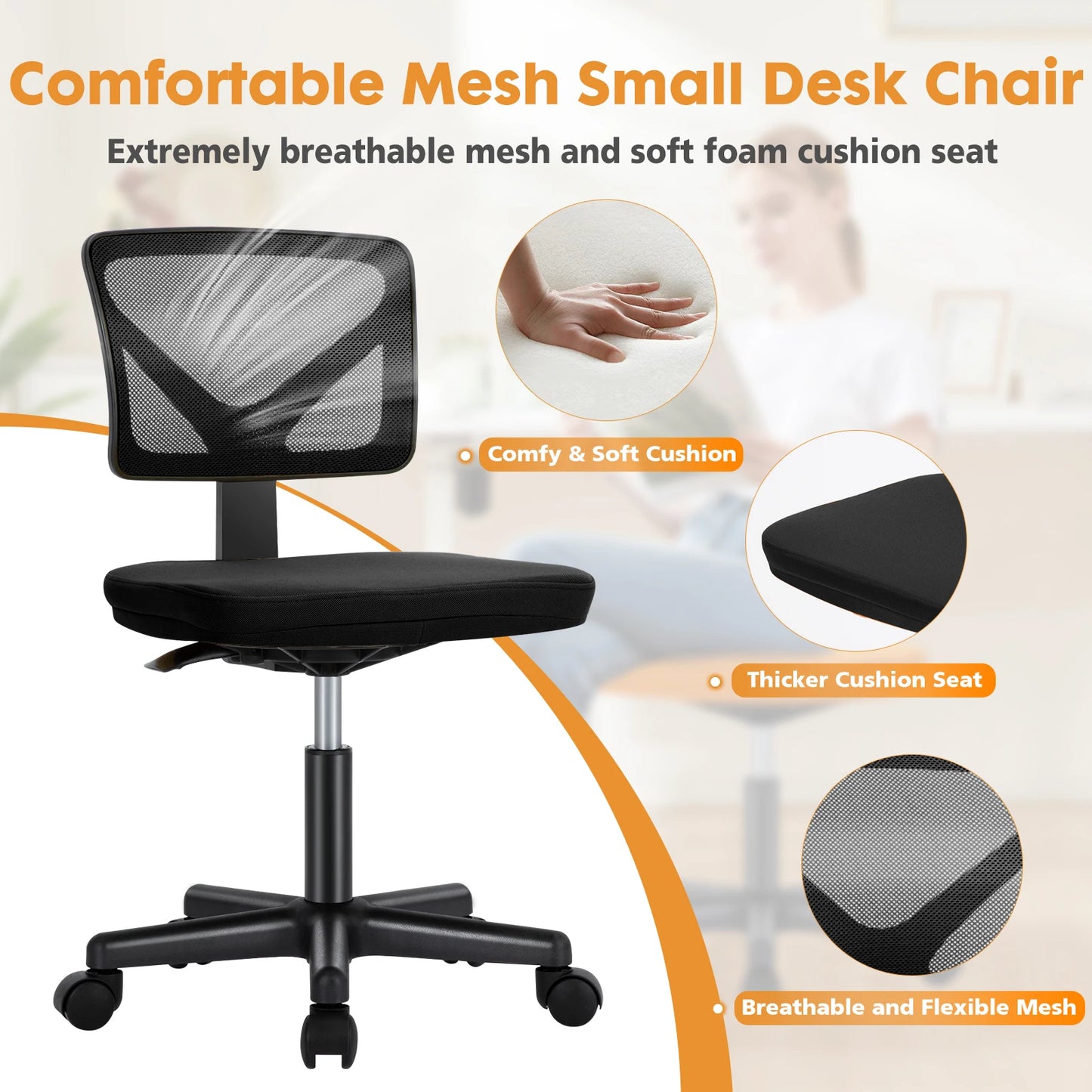 Armless Office Chair Low Back with Wheels
