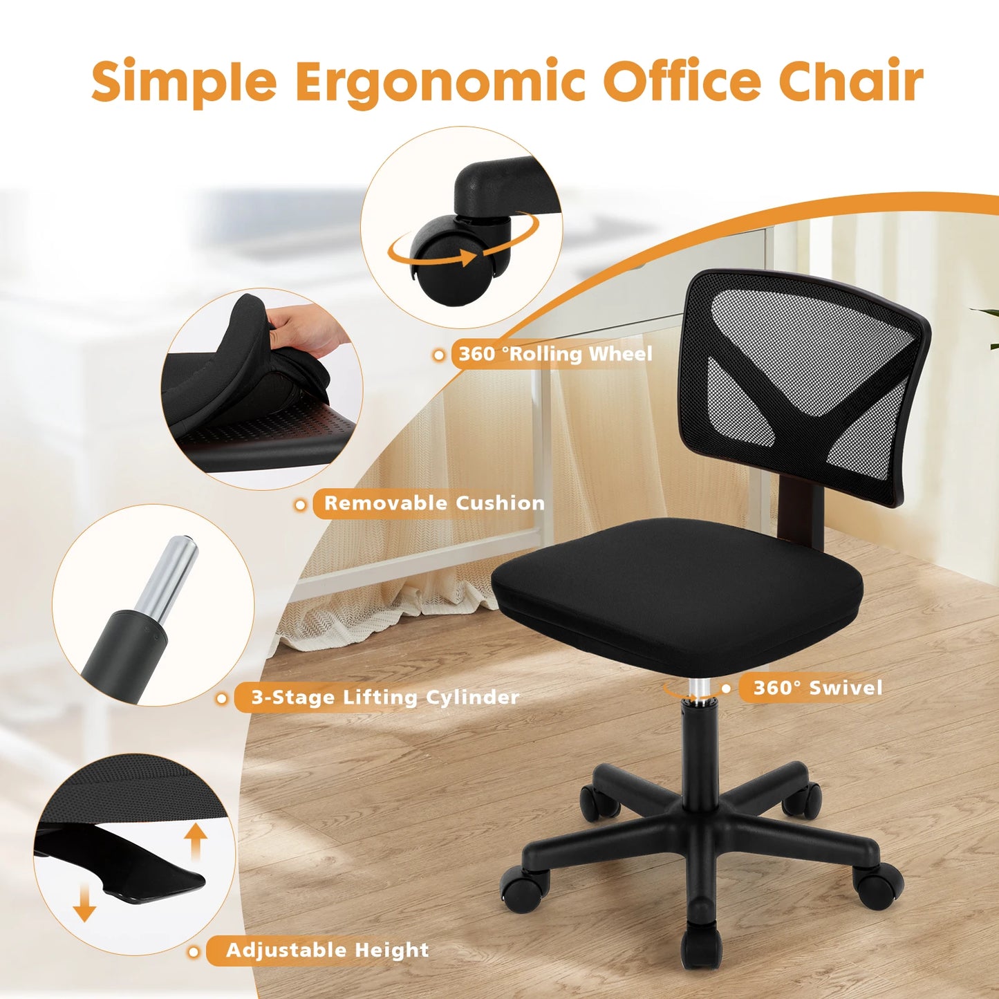 Armless Office Chair Low Back with Wheels