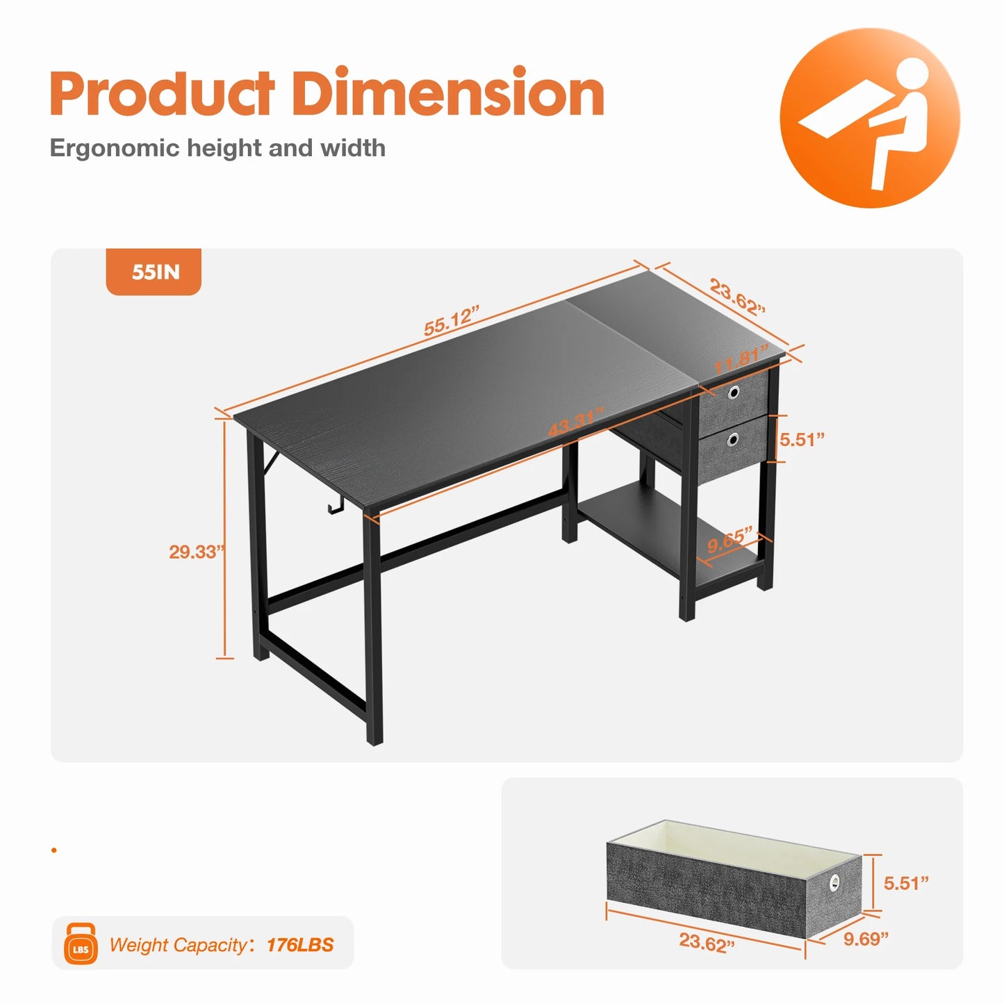 Computer Desk With Drawers 55 Inch Home Office Desk
