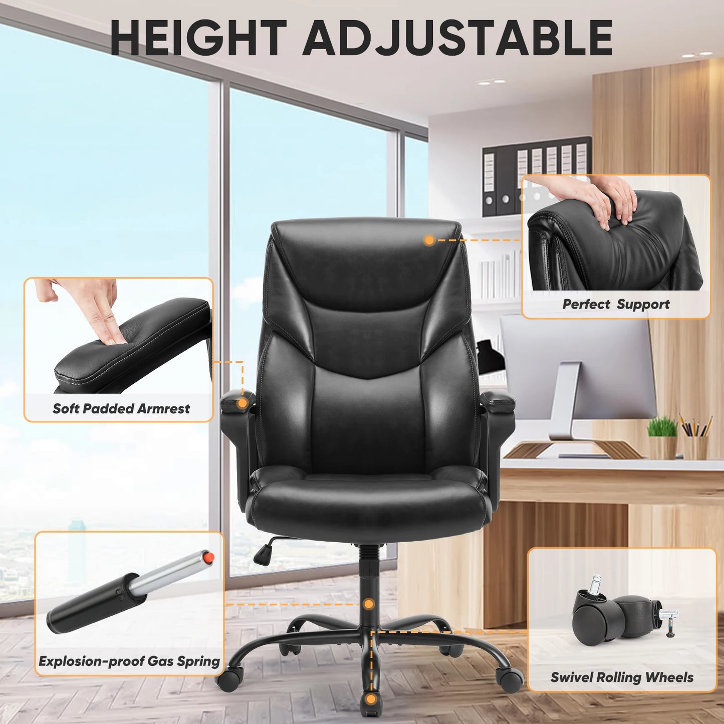 Ergonomic PU Leather Chair with Padded Armrest