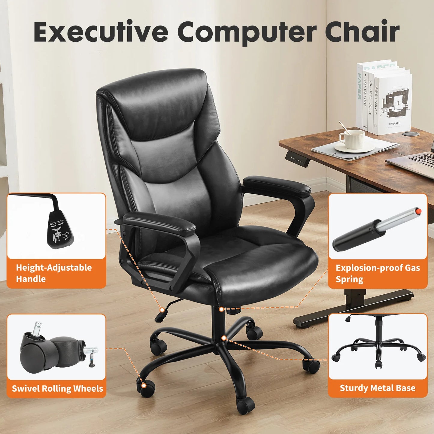 Ergonomic PU Leather Chair with Padded Armrest